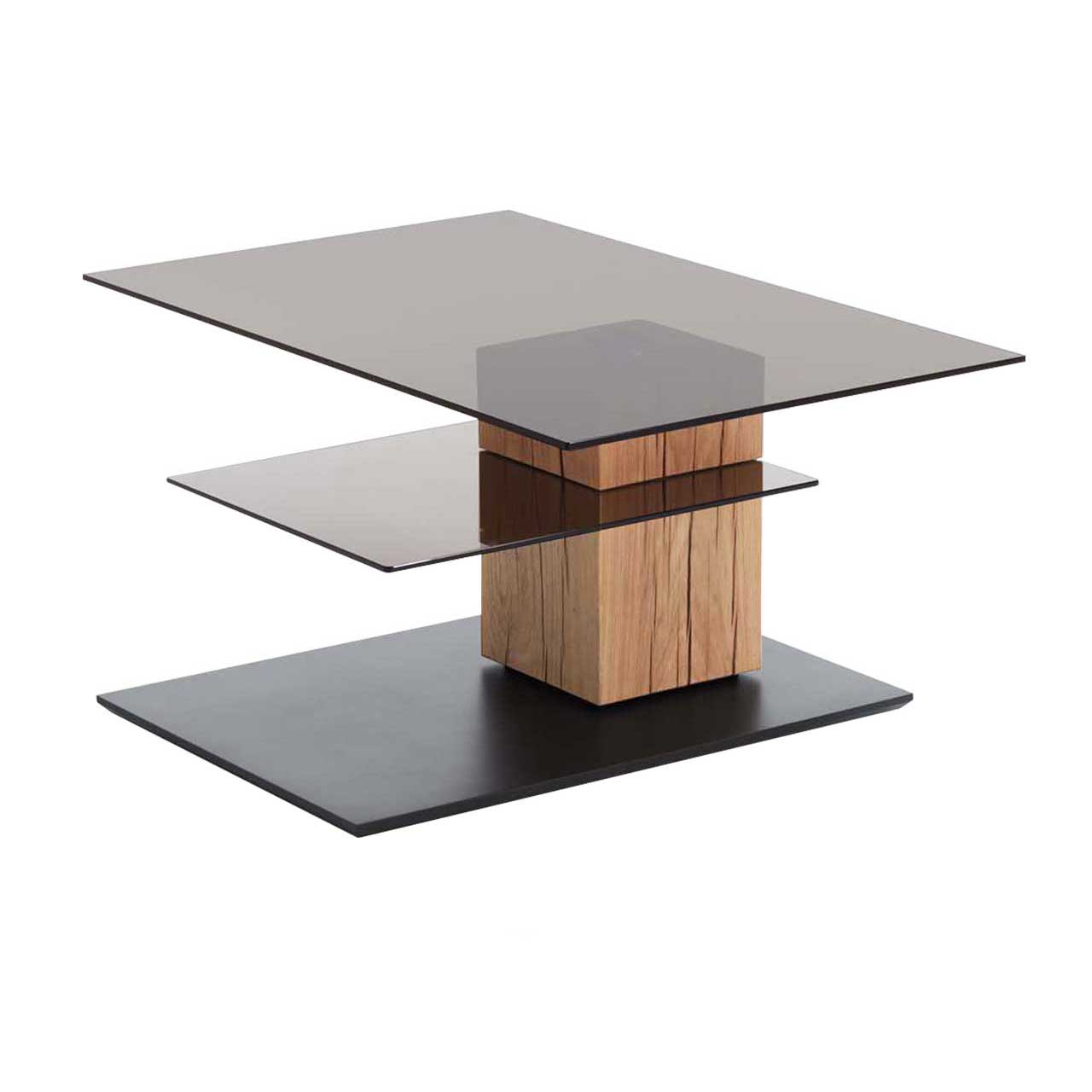 Edler Couchtisch mit rechteckiger, zur Seite gedrehter Glasplatte und zusätzlicher fester Glasablage darunter. Massive Holzsäule aus Riffholz auf dunkler Bodenplatte.