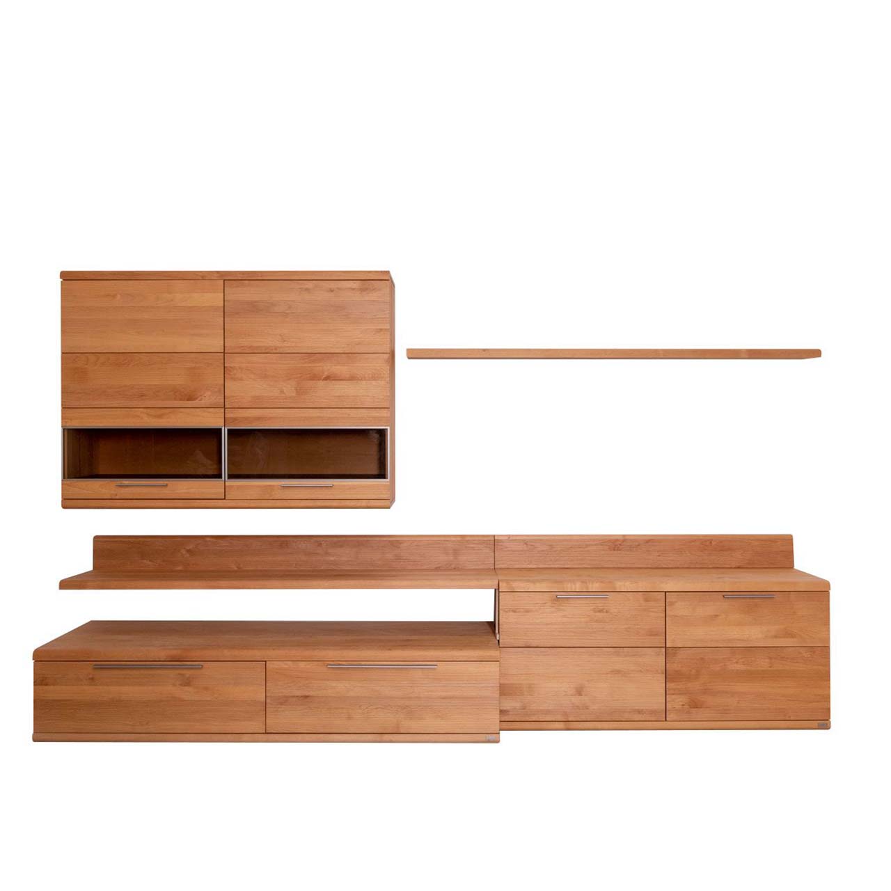 Robuste sechs teilige Wohnwand aus massivem Erlen Holz bestehend aus einer Hängevitrine, einem Wandboard, einem Lowboard mit Schubkästen, einem Unterteil mit Türen, einem Panellaufsatz für TV und einem Winkelboden.