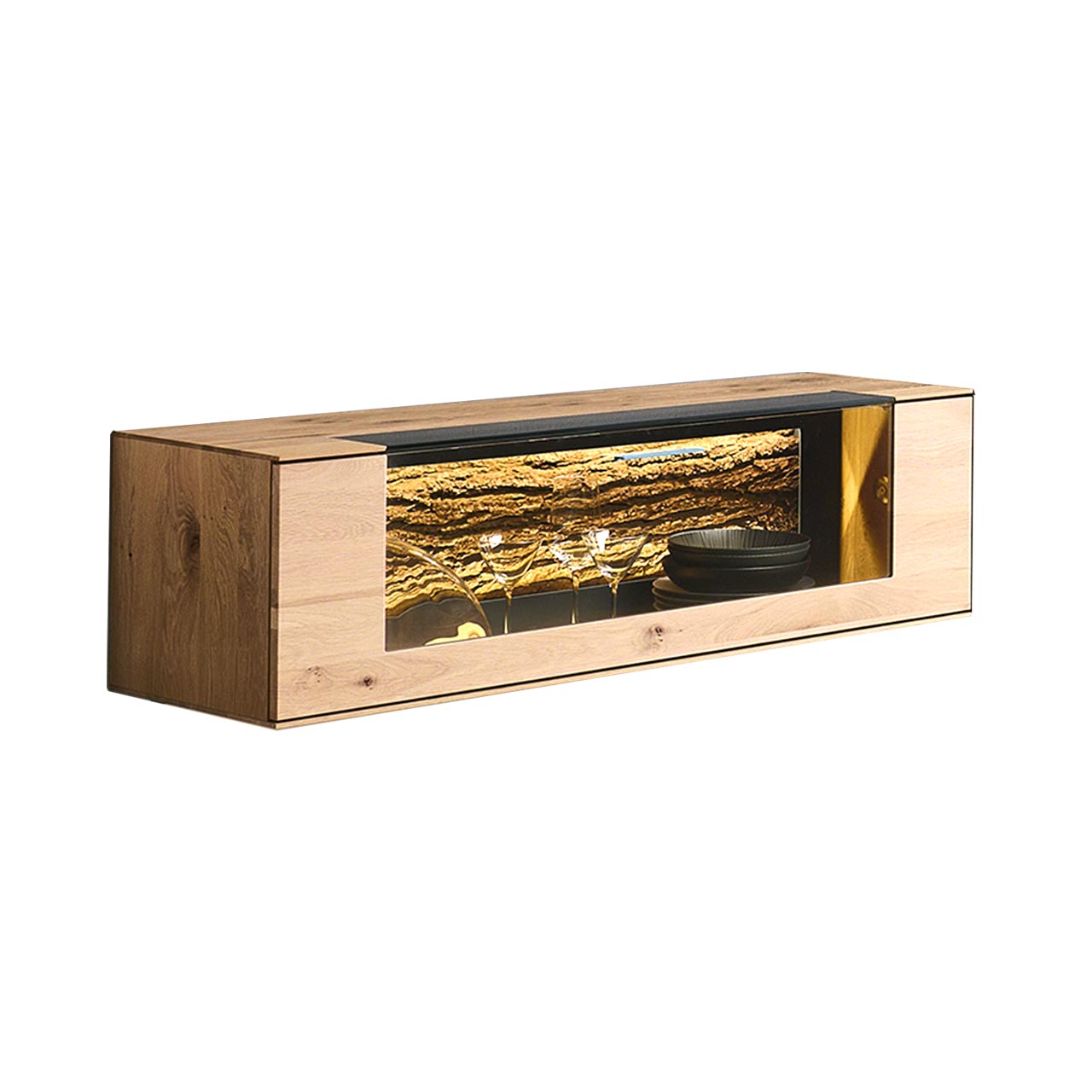Modernes Hängelowboard aus massiver Kerneiche Natur mit beleuchtetem Glasausschnitt und echtem Baumrinden-Akzent.