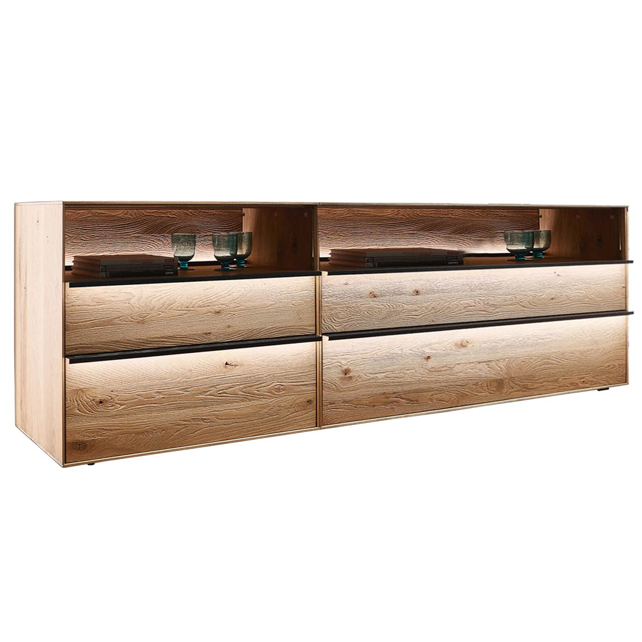 Sideboard aus massiver Kerneiche Natur mit 4 Schubkästen & Glasfront