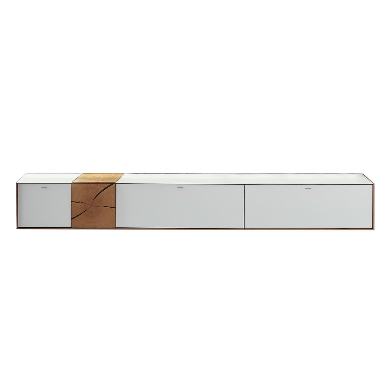 Hartmann CAYA - Hängelowboard 7170-1236W Modernes Hängelowboard aus massivem Holz mit Mattglas weiß Front und dekorativer Hirnholz Applikation links.