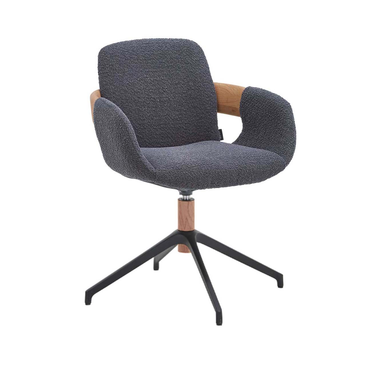 Hartmann NATURZEIT 7100E/8400E - 1763 Stuhl Emil Comfort - Frontansicht Moderner Esszimmerstuhl in Frontansicht mit gepolsterter Sitzfläche und Rückenlehne in dunkelgrauem Stoff, Holzapplikation an Lehnen und Vier-Fuß-Stativgestell aus Metall Anthrazit und Holz.