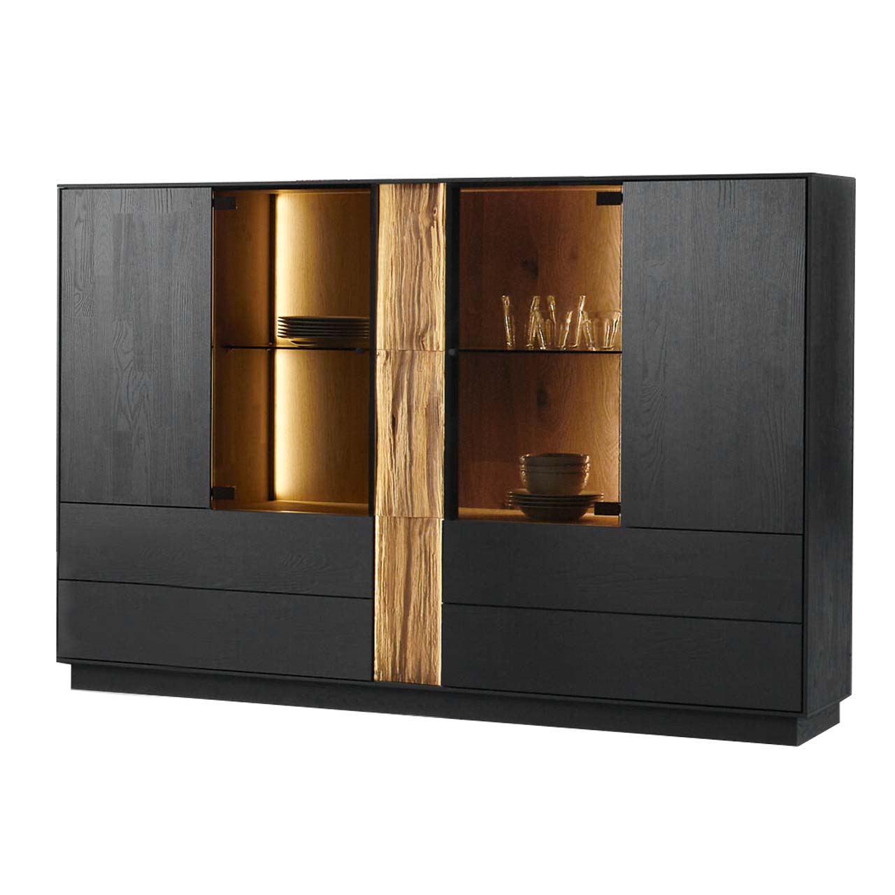 HM_KILVA_9610-6171_Highboard_1280x1280 Modernes Highboard aus massiver Kernesche anthrazit mit Spaltholz-Akzent und Parsolglas-Ausschnitt