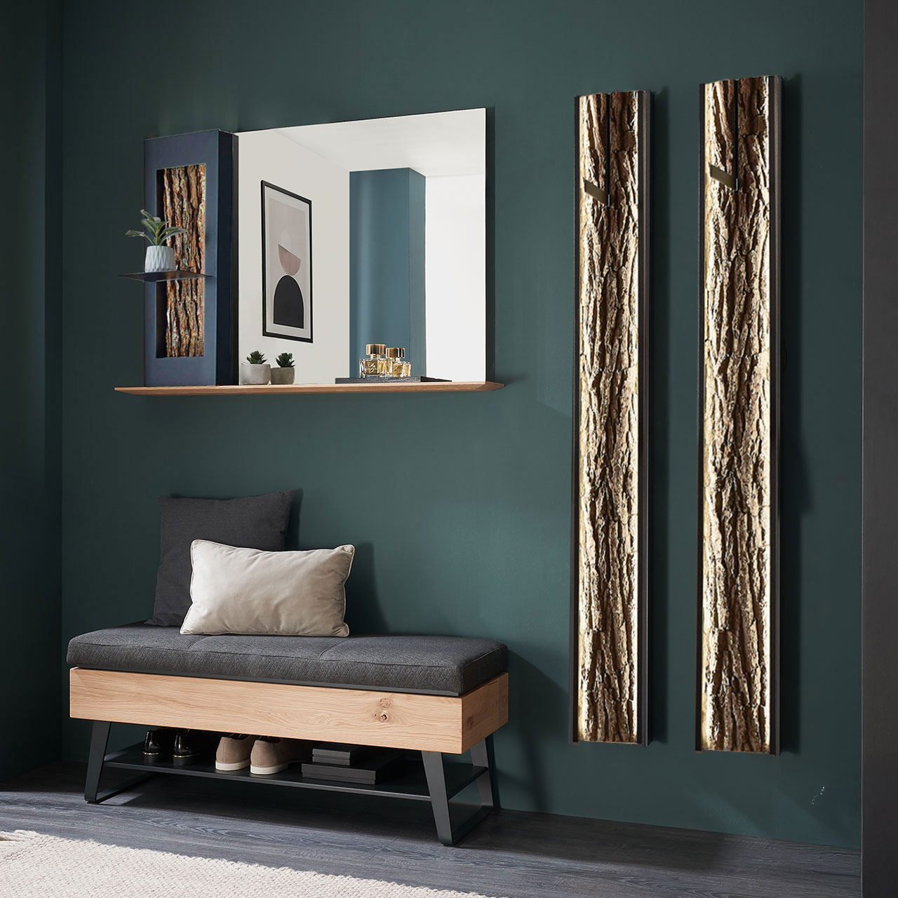 Hartmann SALVO 8550G -  Garderobe Nr. V128R - vierteilig - Kerneiche Natur, Metall anthrazit, Baumrinde Moderne vierteilige Garderobe aus massiver Kerneiche Natur: Ein Spiegelpaneel mit Rinden-Akzent, zwei Garderobenpaneele mit Rinden-Rückwand und Kleiderhaken und eine gepolsterte Sitzbank auf Metallkufen mit Stauraumfach.