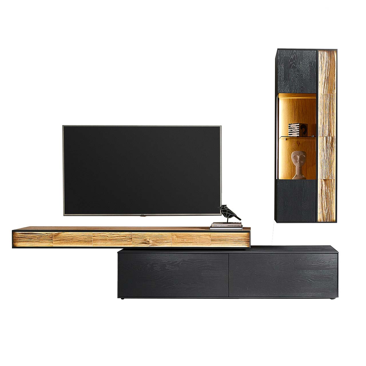Moderne Wohnwand mit Materialmix aus Lack anthrazit mit Spaltholz-Akzenten und Parsolglas-Vitrinenausschnitten