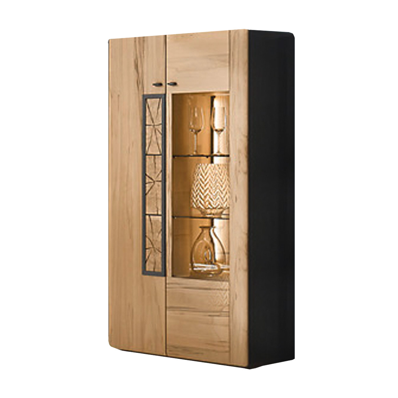 Hartmann KNUD 5580-8186 Highboard Seitlich stehendes Highboard aus massiver heller Kernbuche mit Holztür mit Hirnholzscheiben und Glastür aus bronzefarbenem Parsolglas. Korpus seitlich Anthrazit lackiert.