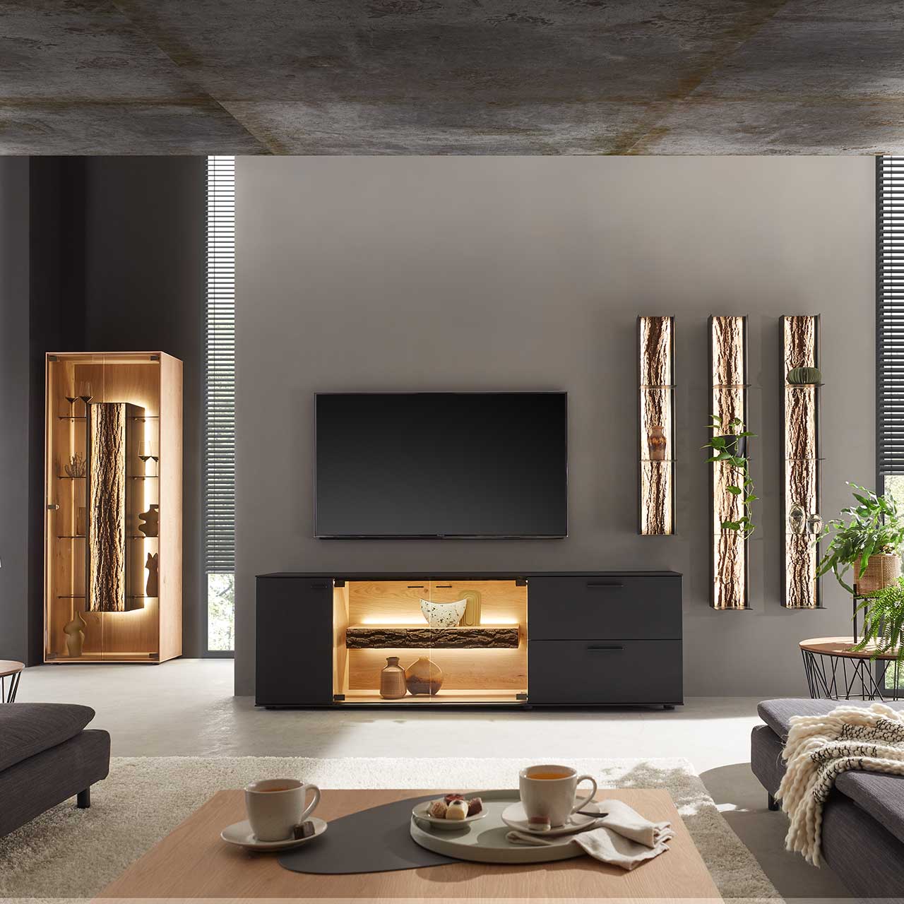 Modernes Wohnzimmer mit Wohnwand bestehend aus einem Lowboard aus massiver Kerneiche Natur, anthrazit gebeizt mit beleuchtetem Glasausschnitt und drei modernen Wandregale aus Metall mit sichtbarer Baumrinde. Links die passende Standvitrine.