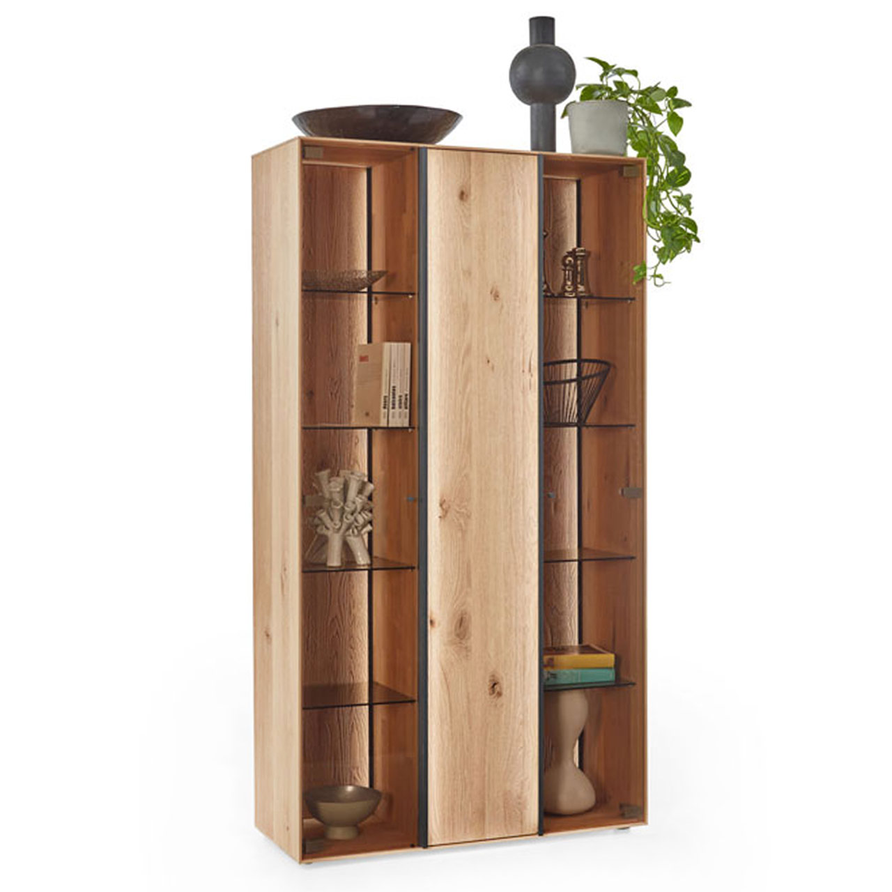3-türige Standvitrine mit 2 Glastüren und einer Holztür