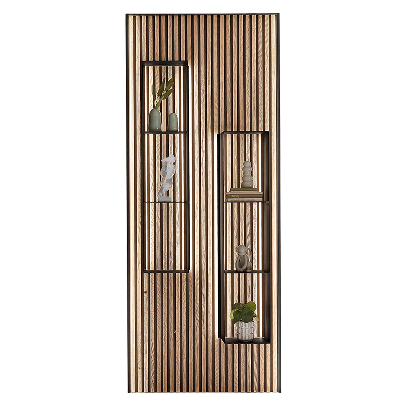 Hartmann SELINO - Wandpaneel 8560-0077 Modernes Wandpaneel mit Lamellenrückwand aus hellem Holz. Darauf befestigt zwei Metallregale in anthrazit mit je drei Ablageböden.