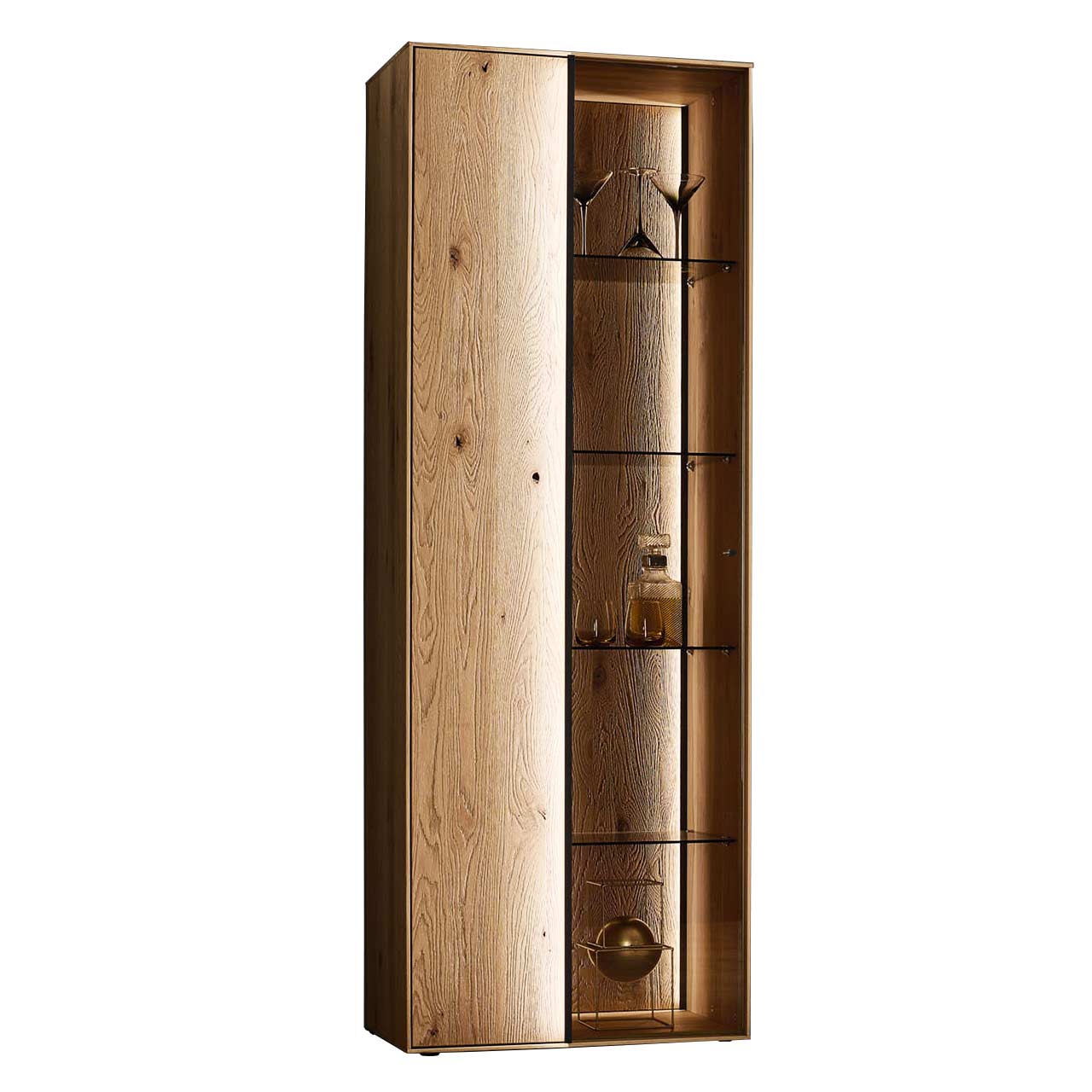 Massivholzvitrine mit zweigeteilter Front, halb Holz, halb Glas