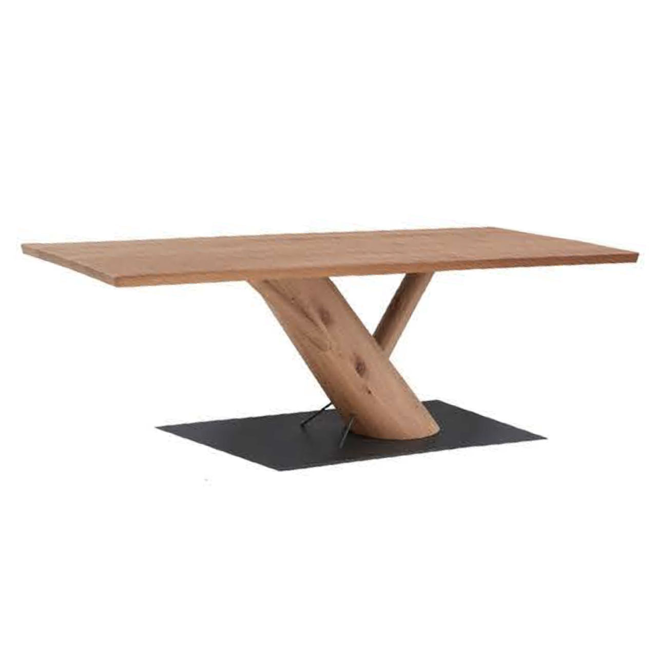 Hartmann NATURZEIT 7100E/8400E - 1804 Esstisch Y300 Moderner Esstisch aus massiver, heller Kerneiche mit rechteckiger Tischplatte, robuster, schräger Baumsäule und Bodenplatte aus Holz in Anthrazit.