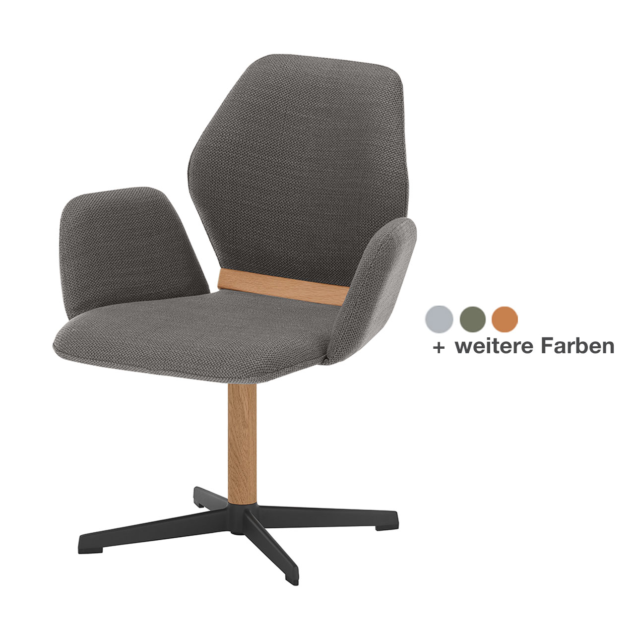 Moderner Esszimmerstuhl mit gepolsteter Sitzfläche sowie Rücken- und Armlehnen in dunkelgrauem Stoff, mit Holzapplikation im Lendenbereich und Vier-Fuß-Kreuzgestell in Metall anthrazit mit Holz.