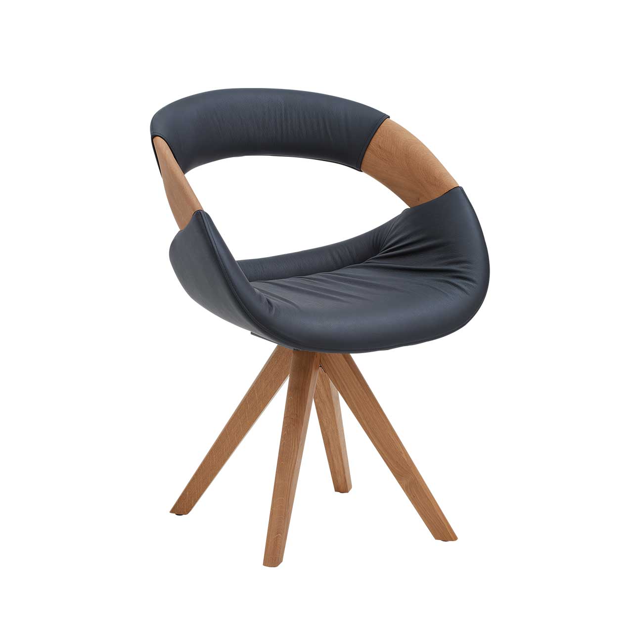 Hartmann NATURZEIT 7100E/8400E - 1660 Stuhl Leo Moderner Esszimmerstuhl mit gepolstertem Sitz und Rücken in dunkelblauem Leder, offener Lendenbereich mit seitlicher Holzapplikation an Lehne und Vier-Fuß-Stativgestell aus massivem Holz.