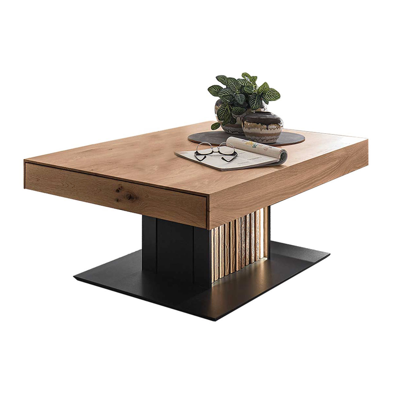 Hartmann NATURWERKE - Couchtisch 8400C-1448 Moderner Couchtisch aus massiver Kerneiche Natur. Dicke Tischplatte mit Schubkasten auf eckiger Säule mit seitlichen Lamellen. Unten Bodenplatte in anthrazit.