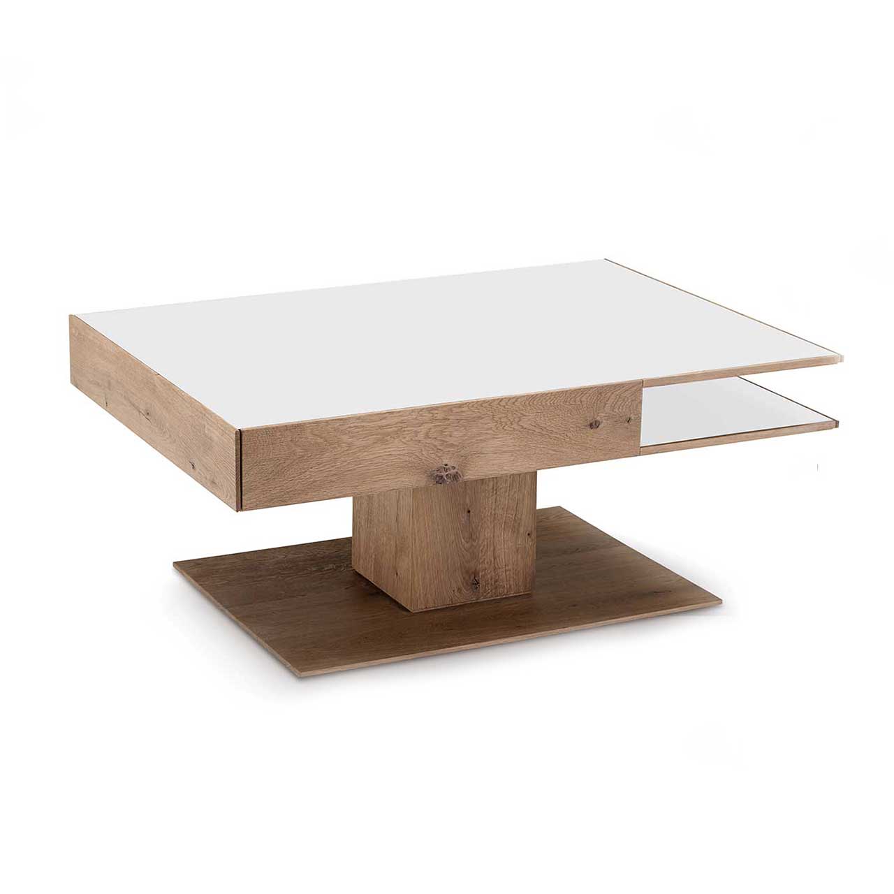 Moderner, rechteckiger Couchtisch aus massiver Kerneiche Umato. Dicke Tischplatte in Mattglas weiß mit integriertem Schubkasten und seitlichem Ablagefach, auf massiver, rechteckiger Holzsäule und Bodenplatte stehend.