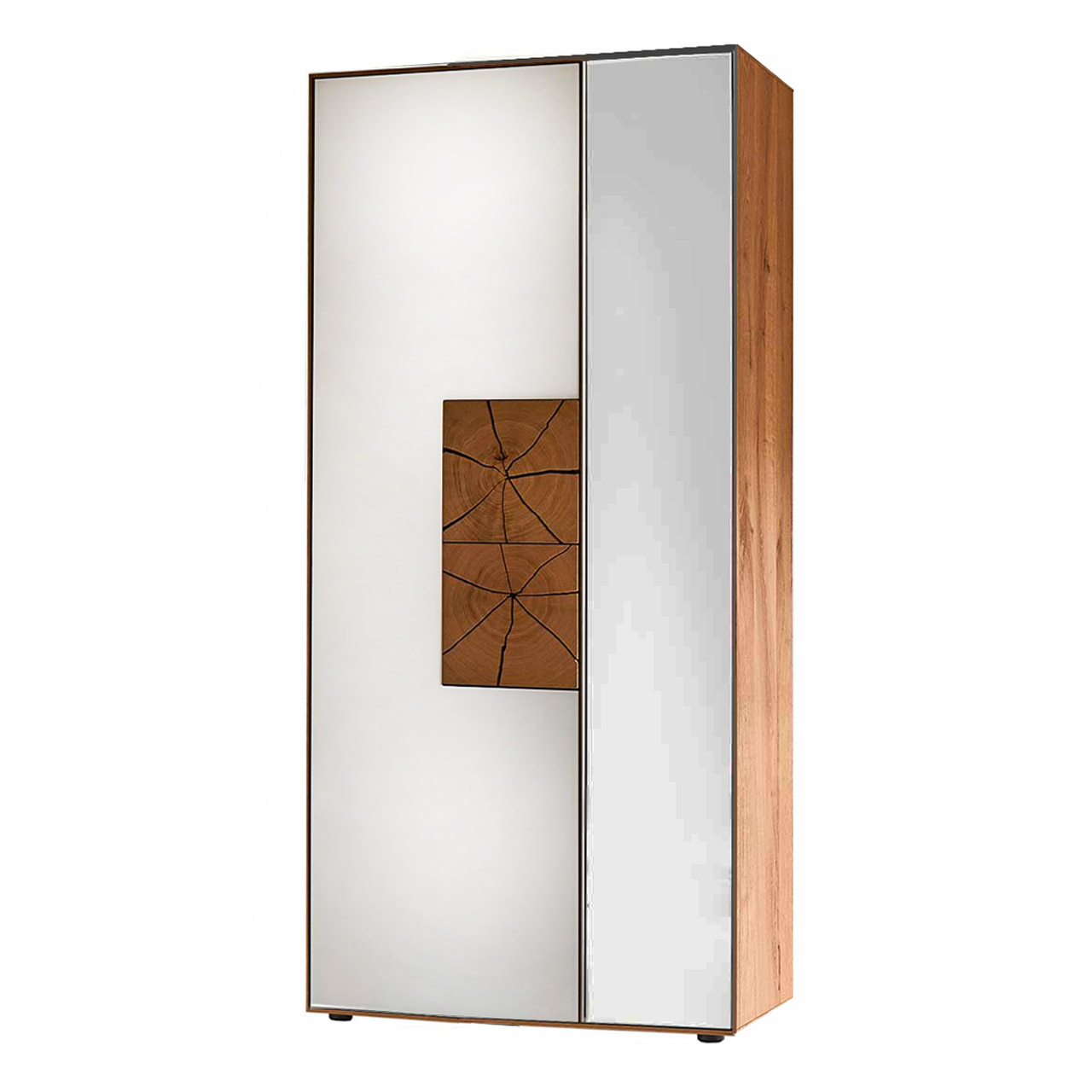 Hartmann CAYA Garderoben - Stauraumschrank mit Spiegel 7140-0095 Großer Stauraumschrank aus massiver Kerneiche Umato mit einer Tür in Mattglas weiß und zwei dekorativen Hirnholzscheiben und einer Spiegeltür links.