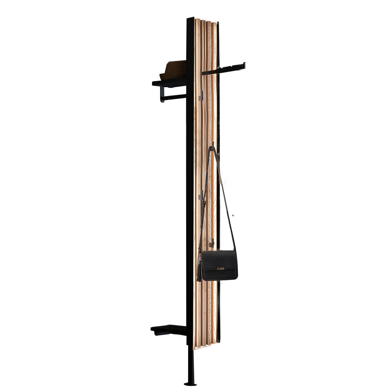 Hartmann SALVO Garderoben - Wandgarderobe 8550G-6026 - Lamellen Schmales Garderobenpaneel mit sichtbarer Lamellen-Rückwand eingefasst in einen anthrazitfarbenen Metallrahmen, vorne mit einem klappbaren Mantelhaken, vier Mantelhaken und Standfuß, hinten mit zwei Ablageböden und fester Kleiderstange.