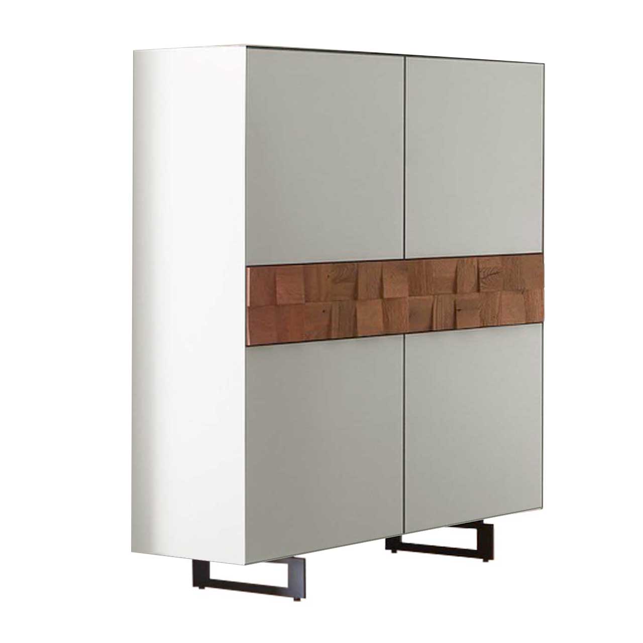 Highboardboard in Lack weiß mit Spaltholzelementen auf schwarzen Kufen