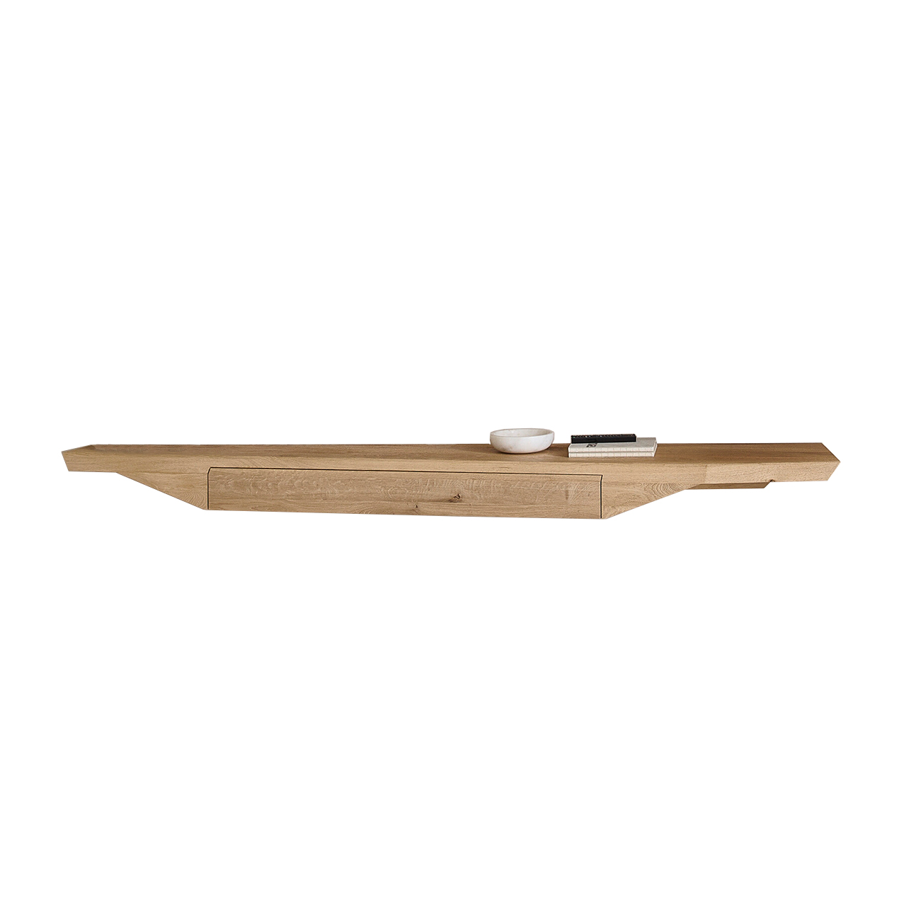 Modernes Hängelowboard aus massivem Riffholz im asymmetrischem Design  mit praktischem Schubkasten - Breite 236cm.
