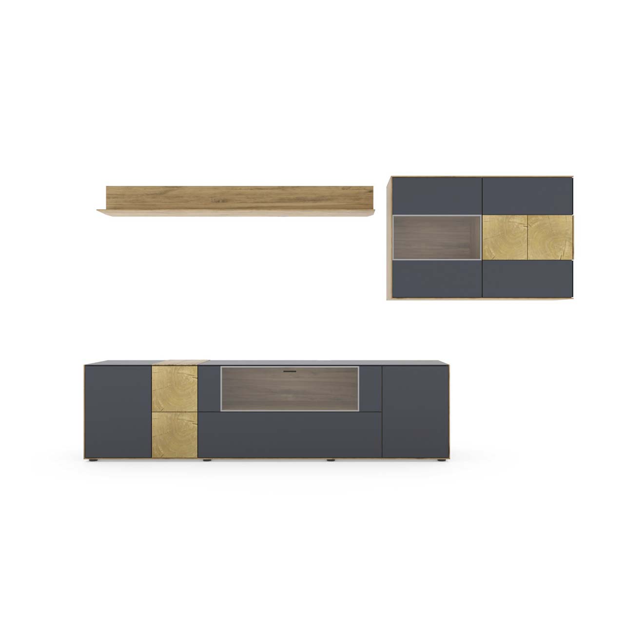Hartmann CAYA - Wohnwand 7170 Nr. V86A - zweiteilig - Furnplanbild Computergeneriertes Bild einer Holz Wohnwand mit Anthrazit Fronten und dekorativen Hirnholzscheiben bestehend aus Lowboard mit Glasfront, Holz-Wandpaneel und Hängevitrine.