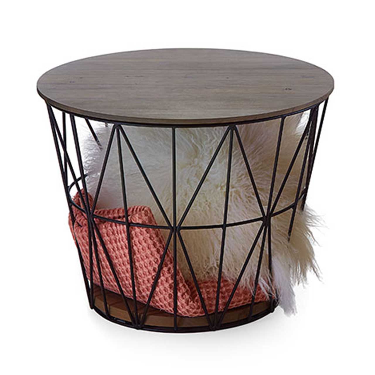 Raffinierter, runder Couchtisch mit feinem Metallkorb in Anthrazit und abnehmbarem Holzdeckel sowie Bodenplatte aus A lholzbuche Uyaa.