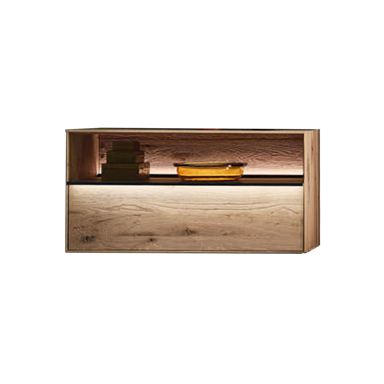 TV-Board aus massiver Kerneiche mit Schubkasten & Glasblende