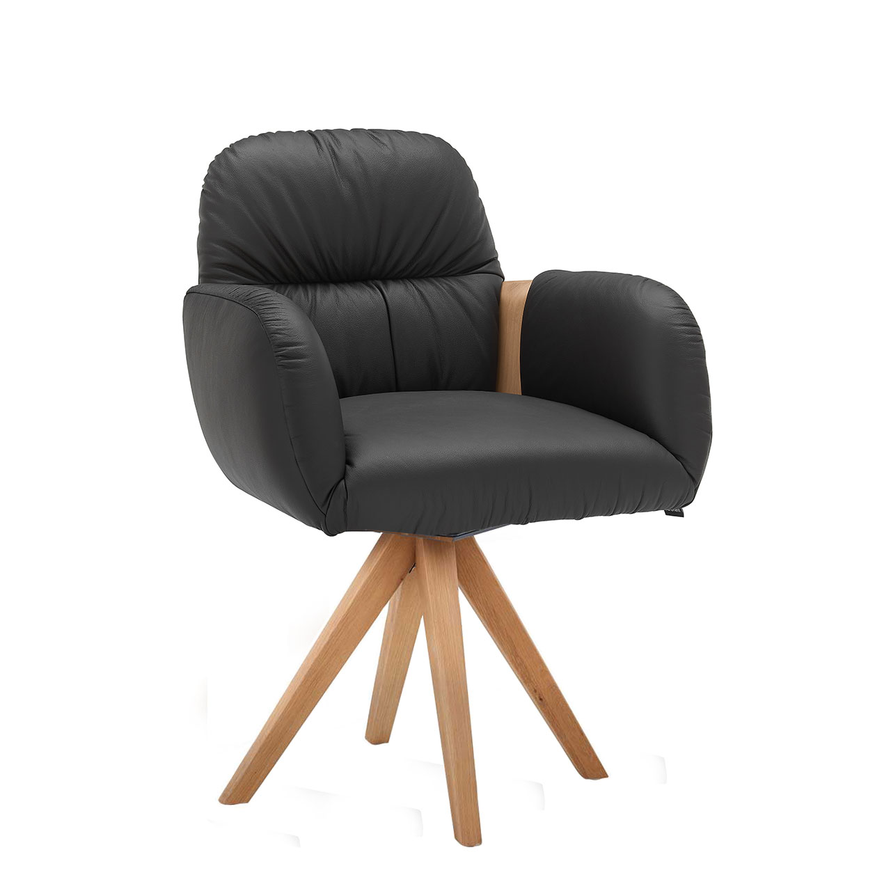 Hartmann NATURZEIT 7100E/8400E - 1769 Stuhl Gerry Moderner Esszimmerstuhl imit gepolstertem Sitz und Rücken in schwarzem Leder, seitlicher Holzapplikation an Lehne und Vier-Fuß-Stativgestell aus massivem Holz.