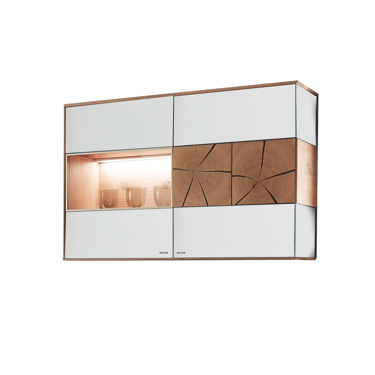 Hartmann CAYA - Hängevitrine 7170-4016W Moderne Hängevitrine aus massiver Kerneiche Umato mit Mattglas weiß Front, mit einer Holztür mit dekorativer Hirnholz Applikation aus zwei rechteckigen Hirnholzscheiben und einer Glastür.