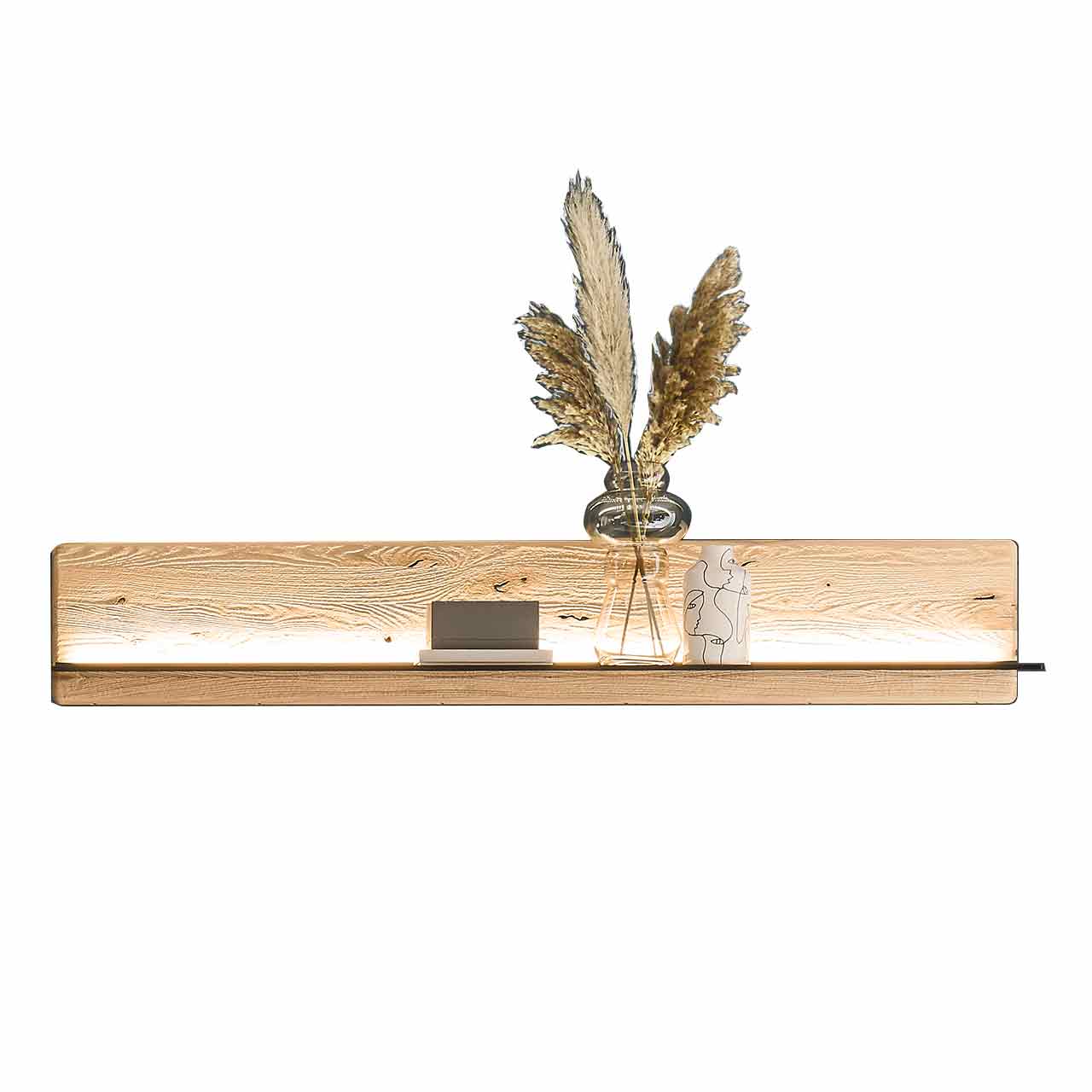 Beleuchtetes Wandpaneel aus massiver Riffbuche mit Glasboden, ca.168cm breit. 