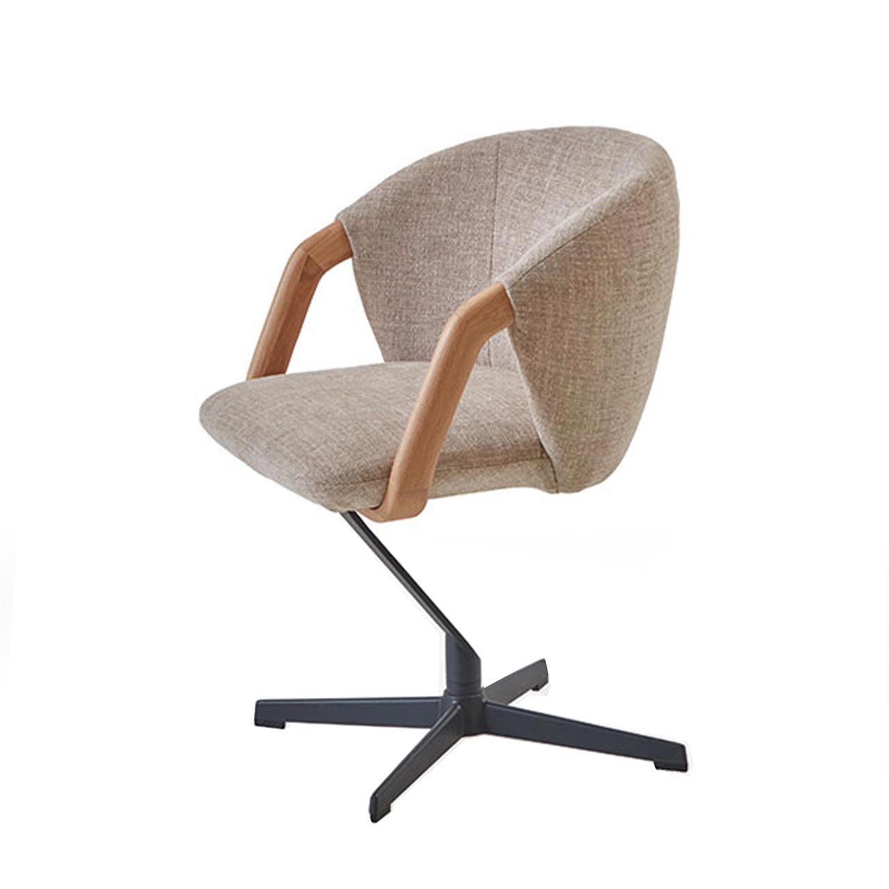 Moderner Esszimmerstuhl mit gepolstertem Sitz und Rücken in beigem Stoff und Holzlehnen auf extravagantem Metallgestell in Anthrazit.