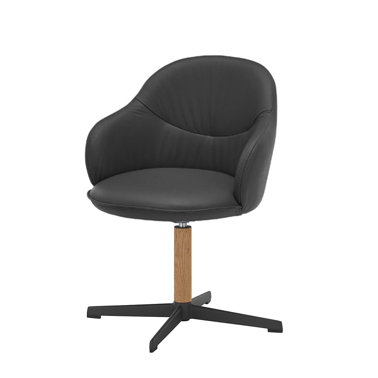 Hartmann NATURZEIT 7100E/8400E - 1738 Stuhl Rico - Frontansicht Moderner drehbarer Armlehnstuhl mit schwarzem Lederbezug und gepolsterter Sitzschale auf Vier-Fuß-Stern Gestell in Metall Anthrazit und Holz.
