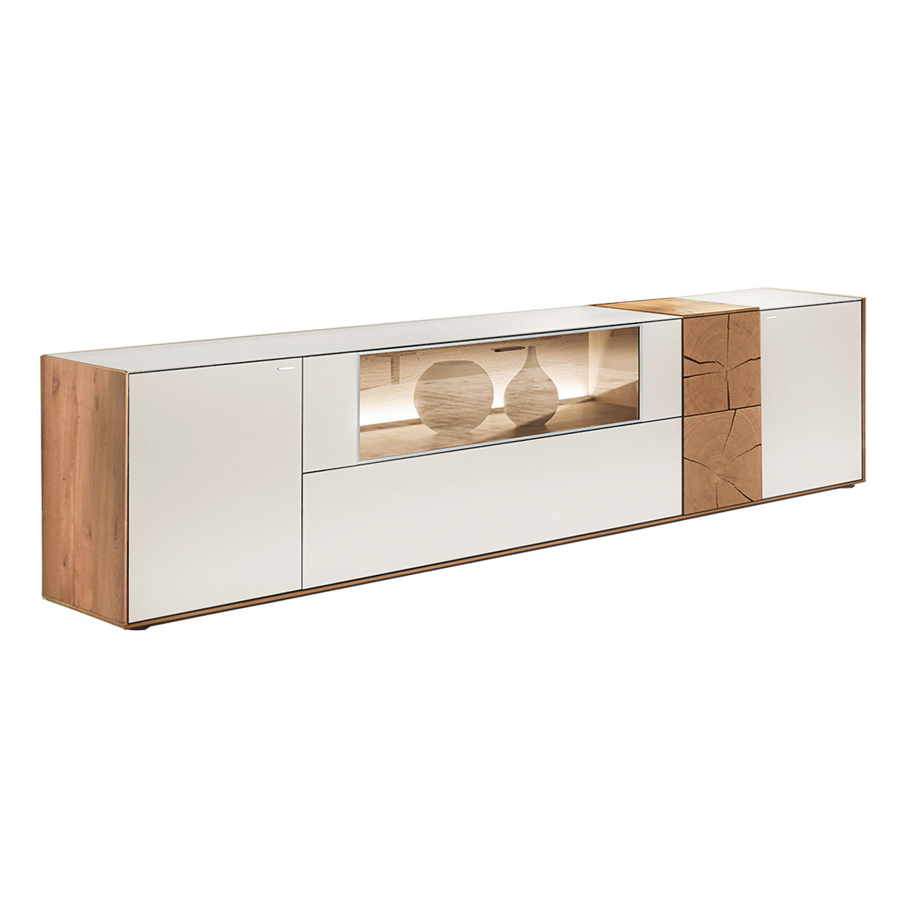 Hartmann CAYA - Lowboard 7170-3236W Modernes Lowboard aus massiver Kerneiche Umato mit Mattglas weiß Front, mittig mit Glasklappe, rechts mit dekorativer Hirnholz Applikation aus zwei rechteckigen Hirnholzscheiben.