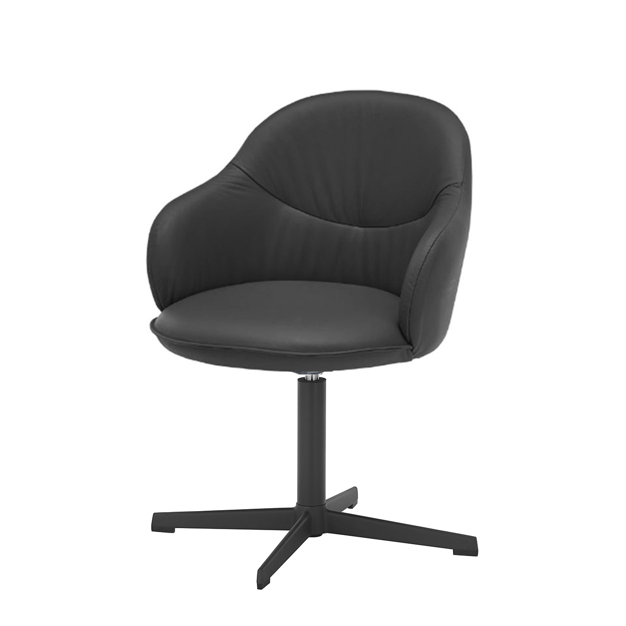 Hartmann NATURZEIT 7100E/8400E - 1737 Stuhl Rico - Frontansicht Moderner drehbarer Armlehnstuhl mit schwarzem Lederbezug und gepolsterter Sitzschale auf Vier-Fuß-Stern Gestell in Metall Anthrazit.