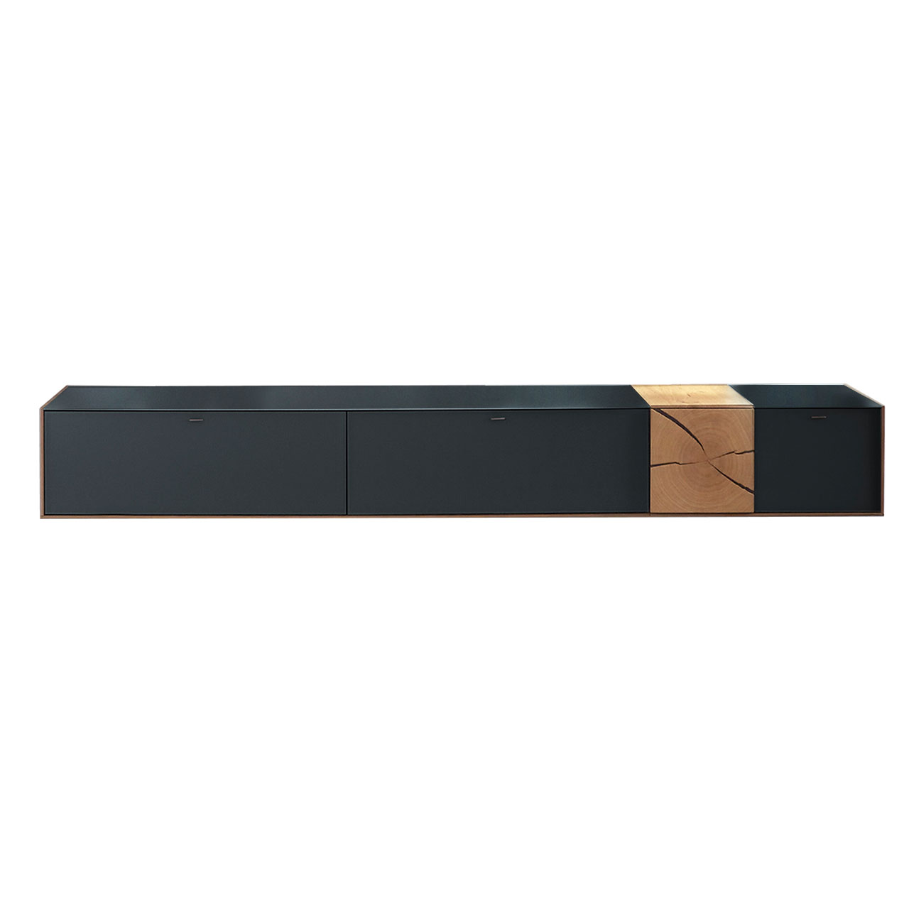 Modernes Hängelowboard aus massivem Holz mit Mattglas anthrazit Front und dekorativer Hirnholz Applikation rechts.