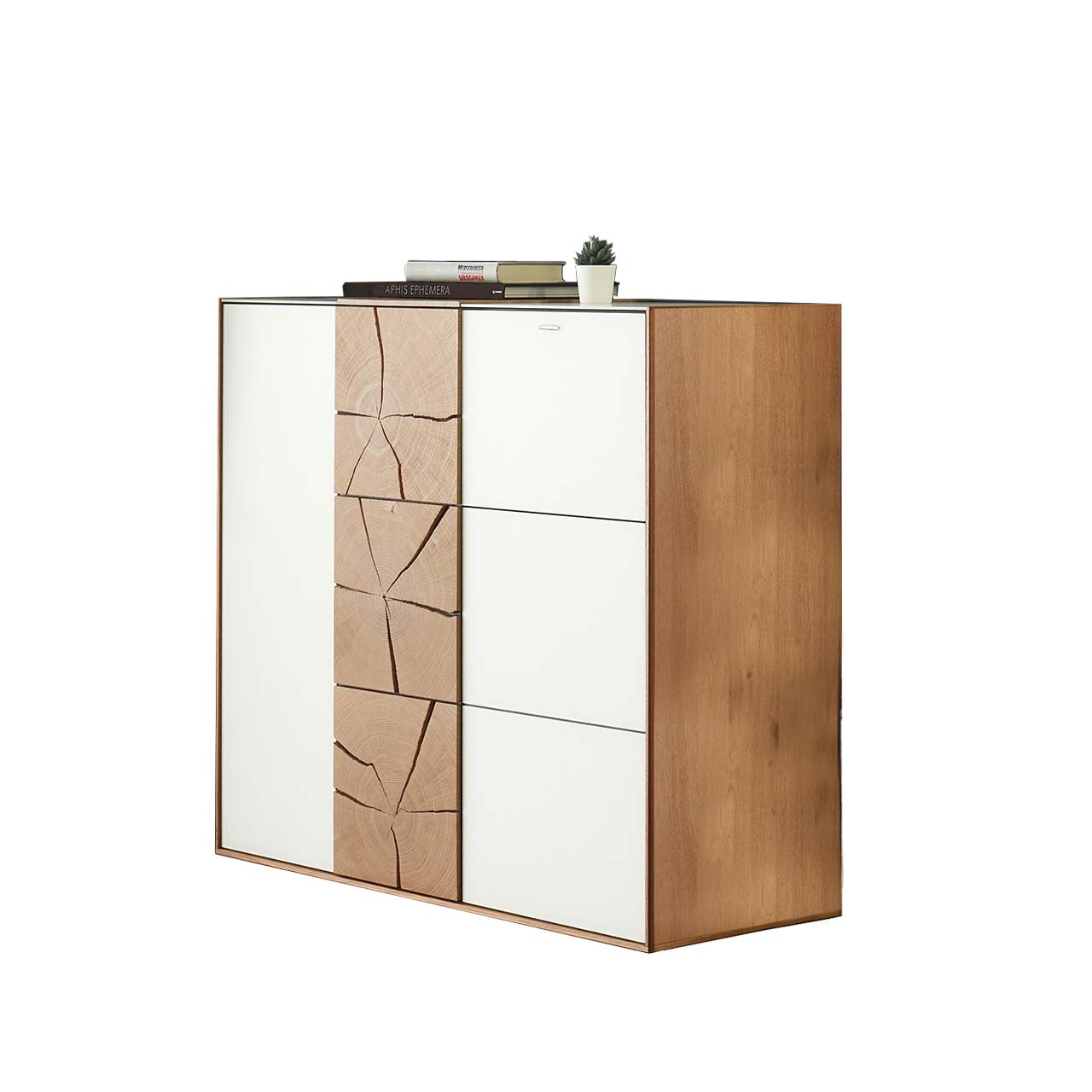 Hartmann CAYA Garderoben - Stauraumschrank 7140-4099 Moderne Kommode aus massivem Holz mit Fronten in Mattglas weiß und dekorativen Hirnholzscheiben mit Türen und Schubkasten.