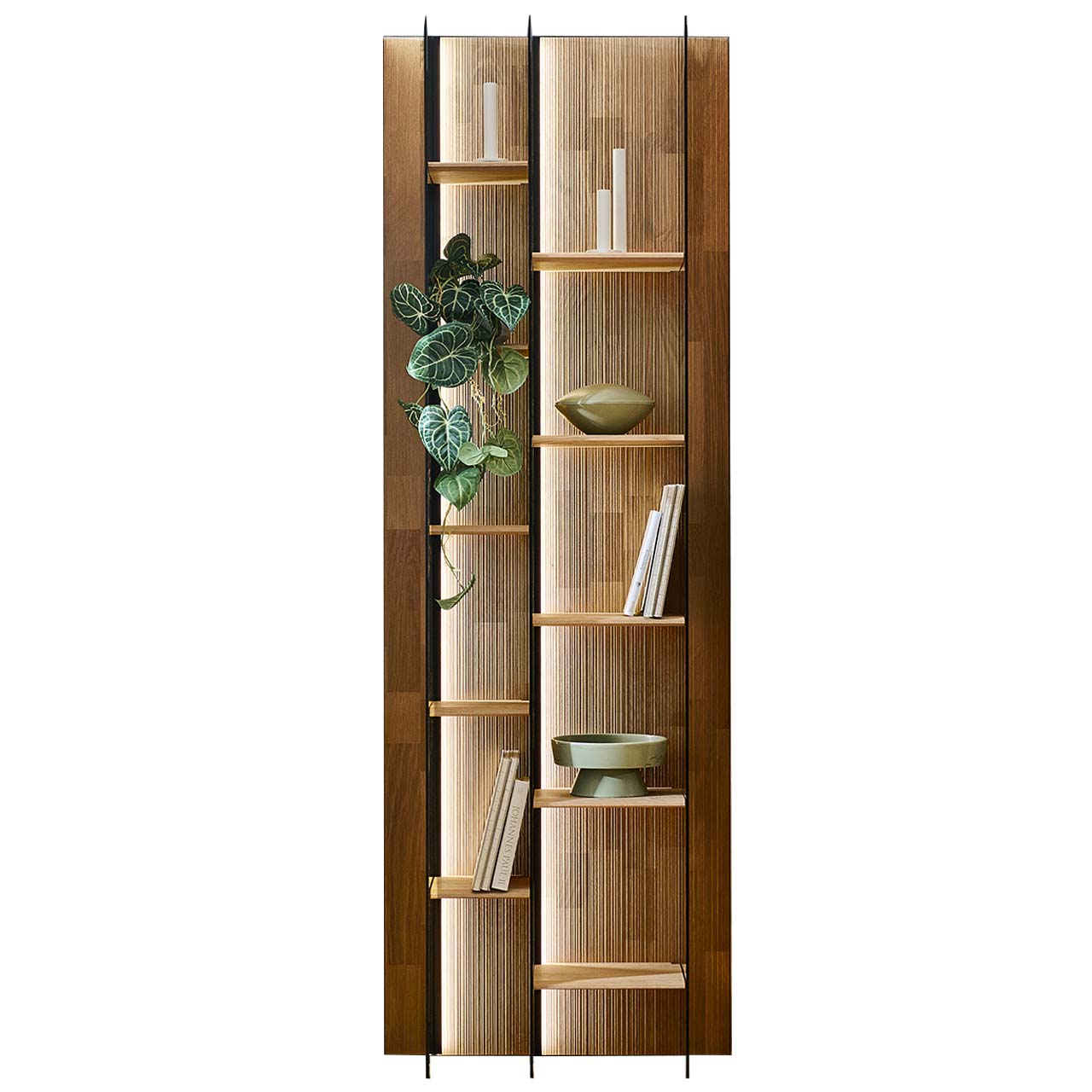 Hohes Wandregal aus massivem Holz und edel verarbeiteter, geschroppter Rückwand mit zehn Holzböden und drei beleuchteten Glasseiten in Parsolbronze - in Frontansicht. 