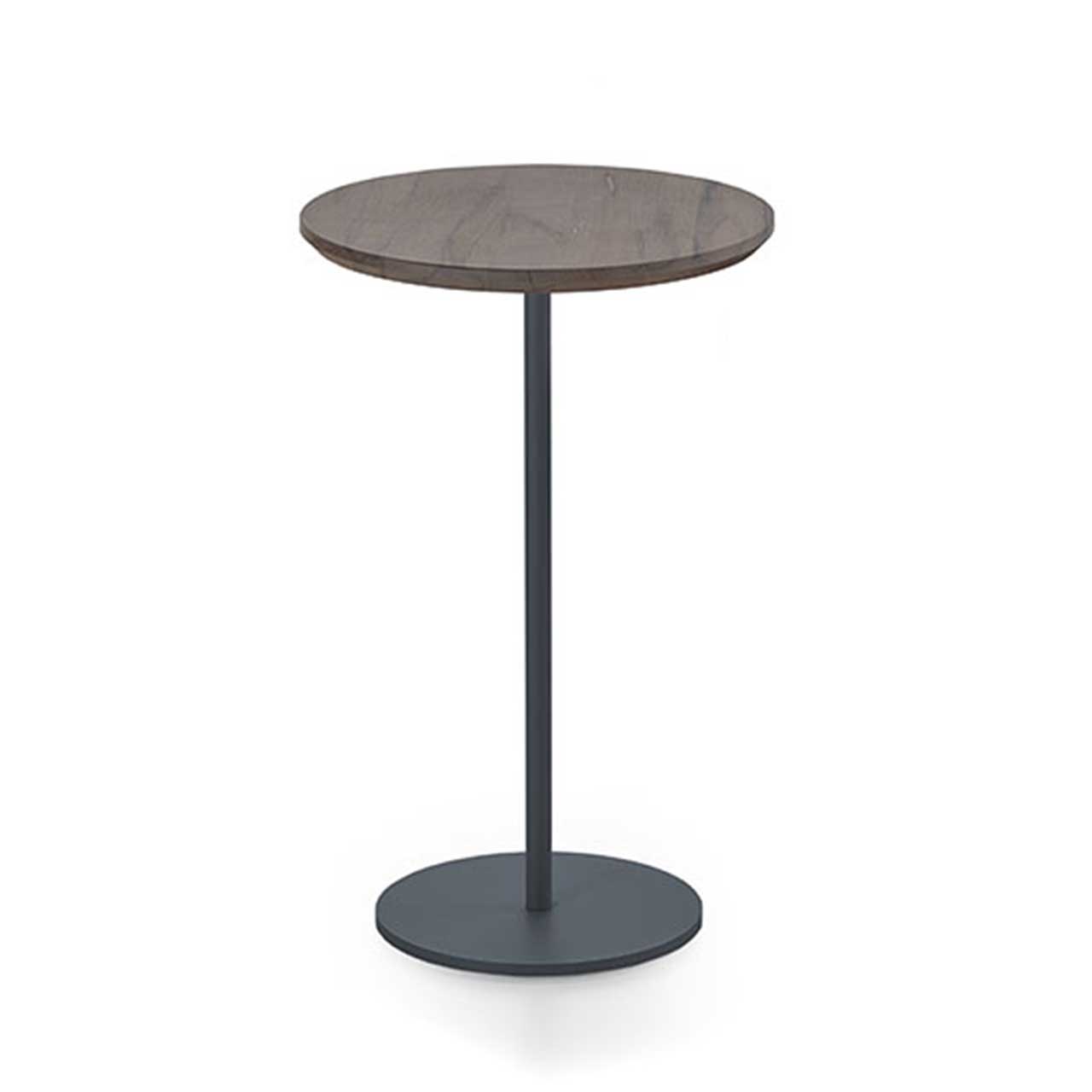 Filigraner Beistelltisch mit runder Tischplatte aus Alholzbuche Uyaa sowie Säule und Bodenplatte aus Metall in Anthrazit.