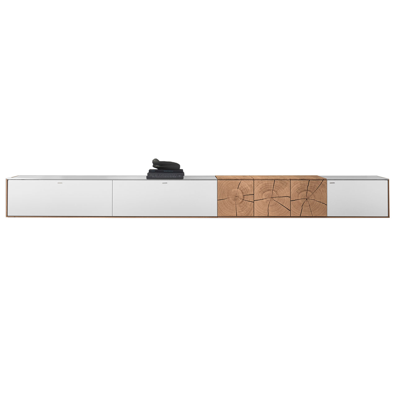 Hartmann CAYA - Hängelowboard 7170-1305W Modernes, längliches Hängelowboard aus massiver Kerneiche mit Mattglas weiß Front und dekorativer Hirnholz Applikation aus drei rechteckigen Hirnholzscheiben rechts.