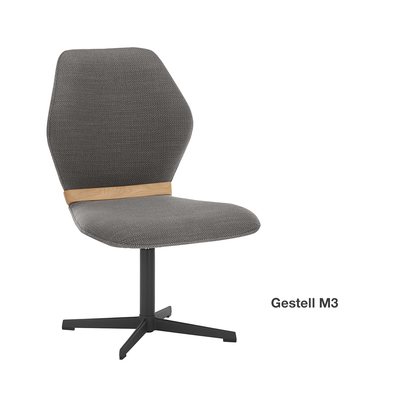 Moderner Esszimmerstuhl ohne Lehnen mit gepolsteter Sitzfläche und Rückenlehne in grauem Stoff, mit Holzapplikation im Lendenbereich und Vier-Fuß-Gestell Metall Anthrazit in moderner Kreuzform.