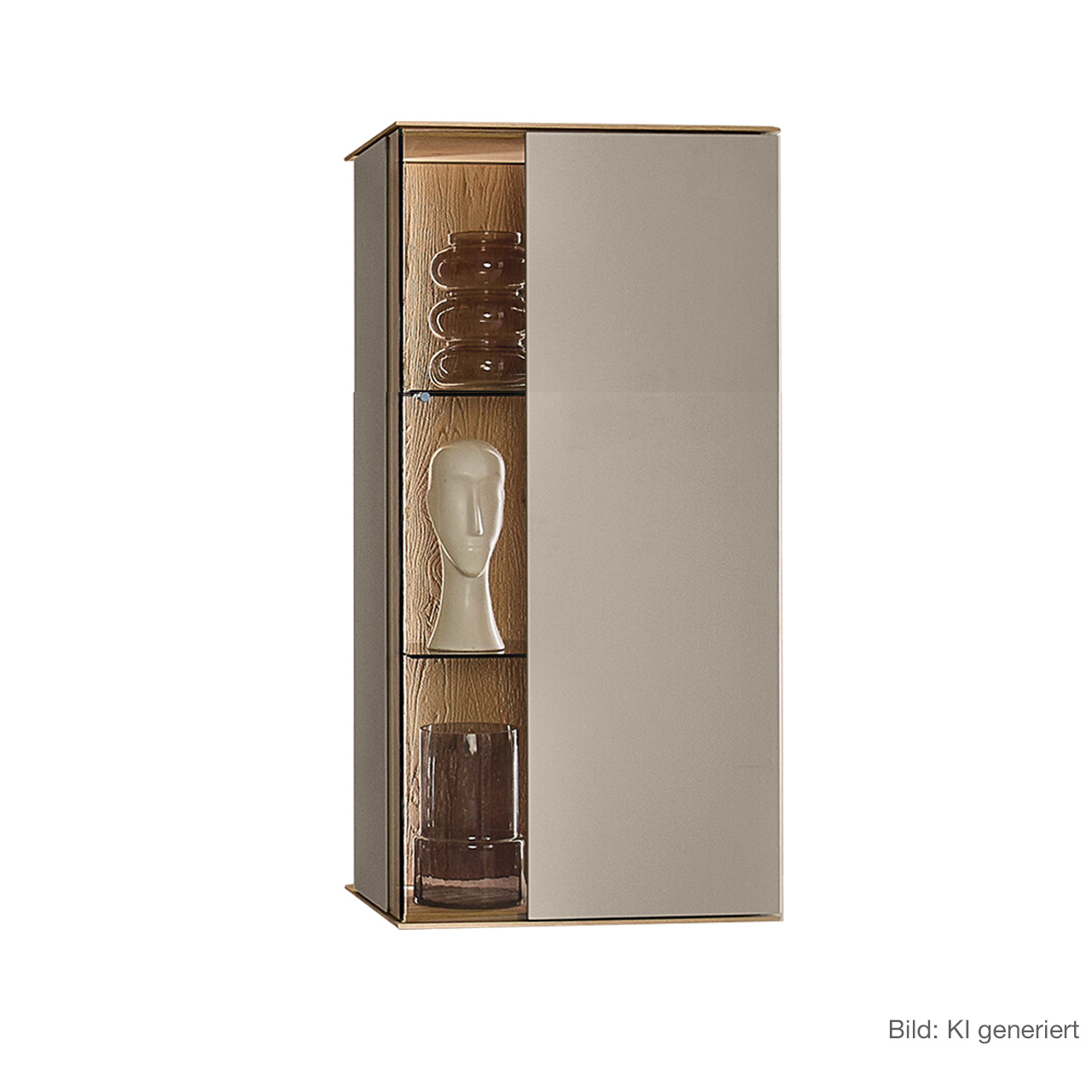 Moderne Vitrine aus massiver Kerneiche Natur mit Lackfronten in Sand. Mit einer Glas-Lacktür und beleuchteter Riffholzrückwand links sowie zwei Glasböden.