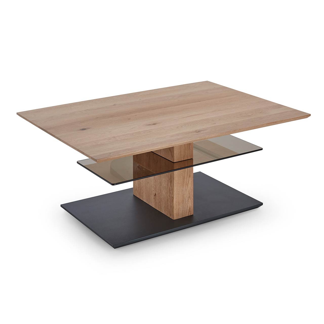 Hartmann NATURWERKE - Couchtisch 8400C-1424 Edler Couchtisch mit rechteckiger, höhenverstellbarer Tischplatte aus Holz und zusätzlicher fester Glasablage darunter - auf massiver Holzsäule und dunkler Bodenplatte.