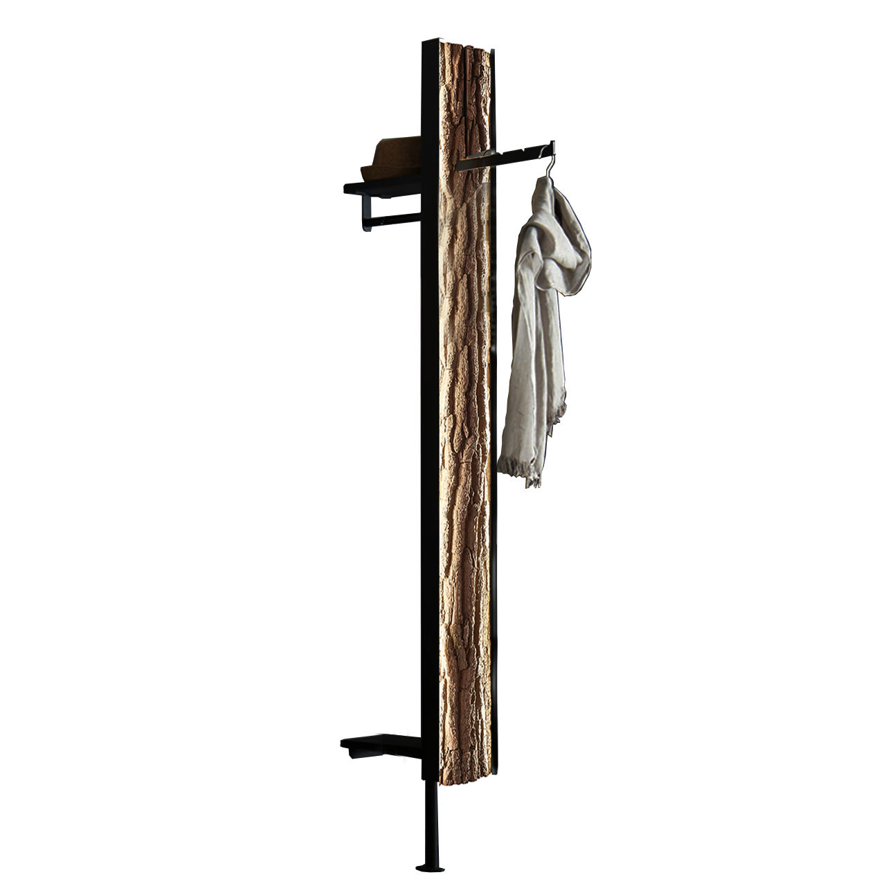 Hartmann SALVO Garderoben - Wandgarderobe 8550G-6024 - Baumrinde Schmales Garderobenpaneel mit echter, sichtbarer Baumrinden-Rückwand eingefasst in einen anthrazitfarbenen Metallrahmen, oben mit einem klappbaren Mantelhaken unten mit Standfuß, hinten mit zwei Ablageböden und fester Kleiderstange.