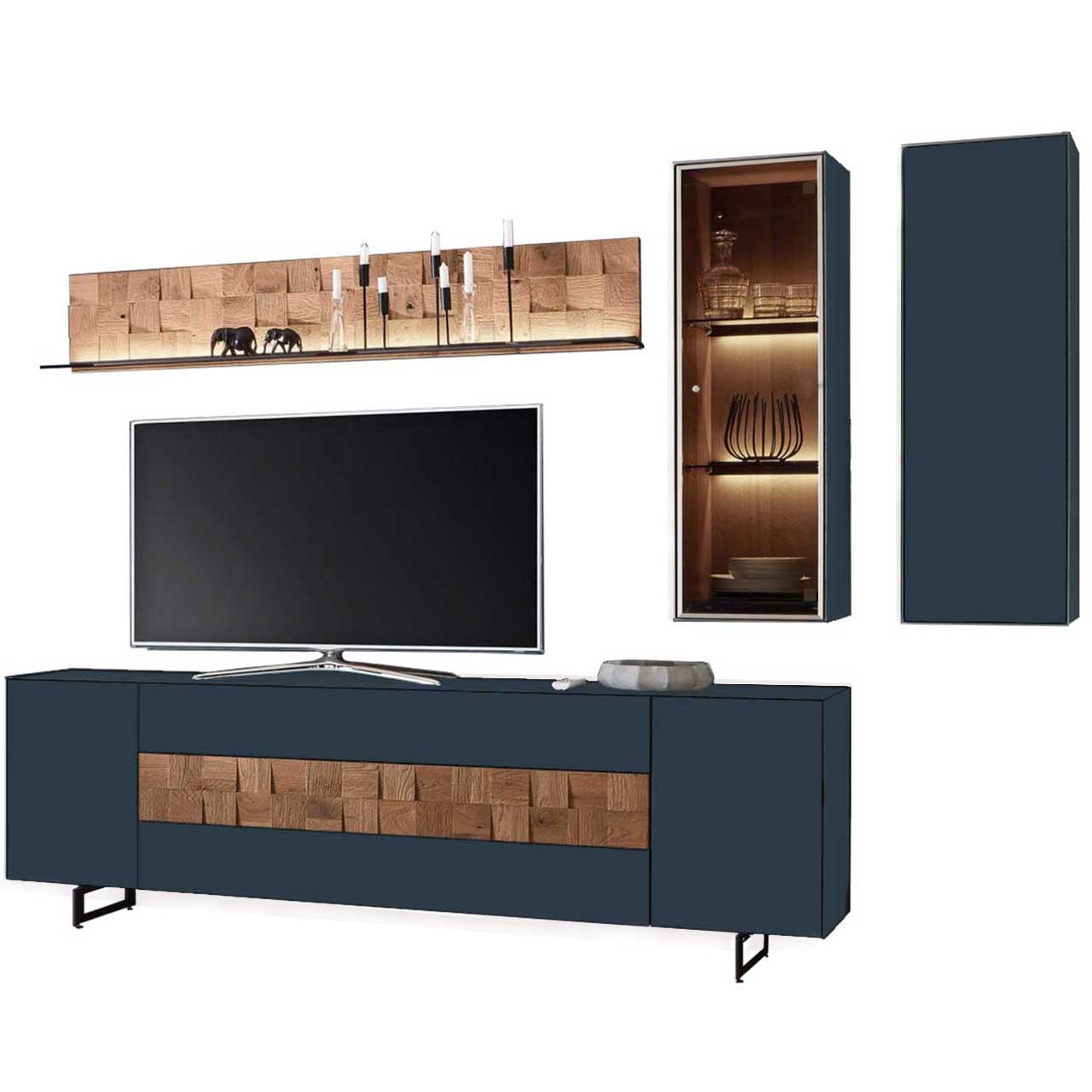LIV_7120W-V26B_kombi_1280x1280 Moderne Wohnwand aus Satinoglas matt blau und Spaltholzakzenten