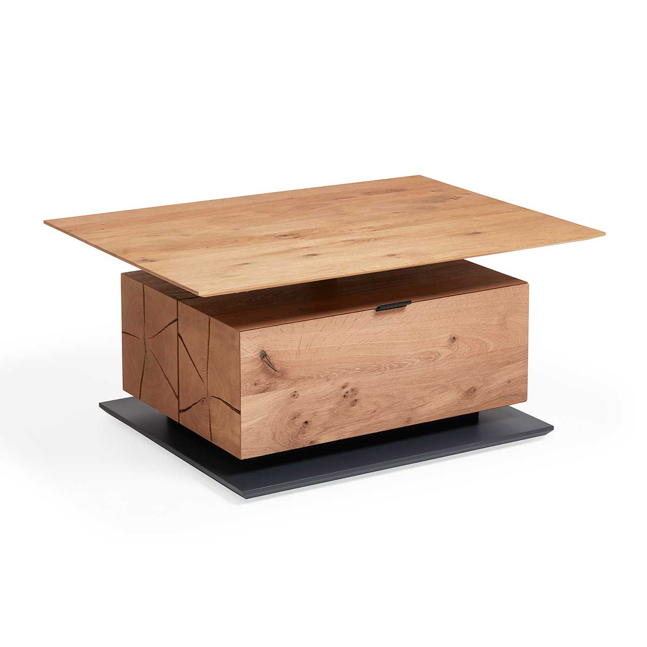 Hartmann NATURWERKE - Couchtisch 8400C-1403 Moderner Couchtisch mit höhenverstellbarer Tischplatte und Hirnholzblock aus massiver Kerneiche mit Klappe und Stauraumfach auf dunkler Bodenplatte.