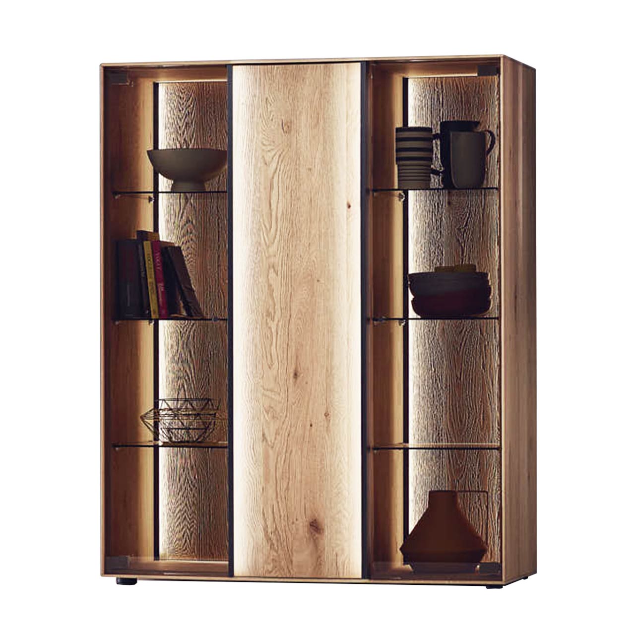 hartmann_ANEA_8530-7101_highboard Modernes Highboard aus Kerneiche, sandgestrahlt, mit 2 Glastüren & dekorativem Riffholz