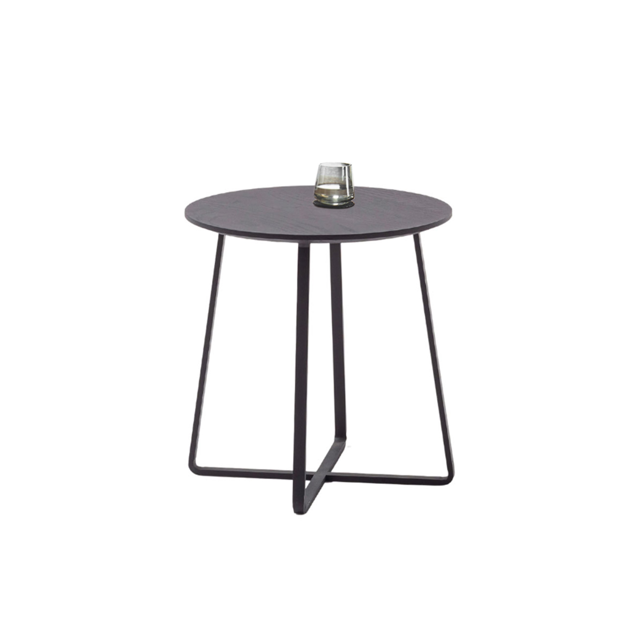 Moderner Beistelltisch mit runder Tischplatte aus Kerneiche anthrazit und und anthrazitfarbenem Metallgestell.
