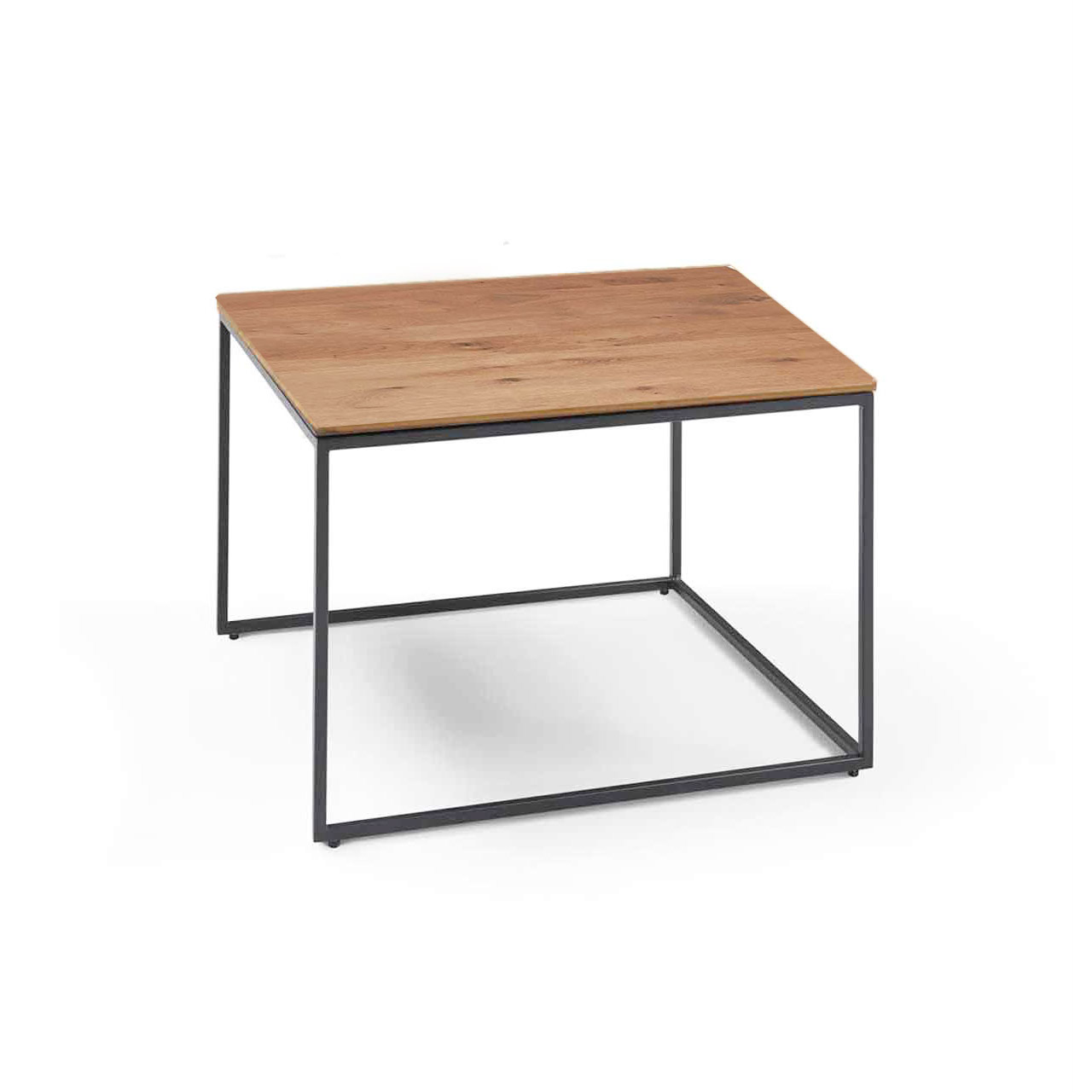 Moderner Couchtisch mit quadratischer Tischplatte aus Kerneiche Umato und filigranem Metallgestell in Anthrazit.