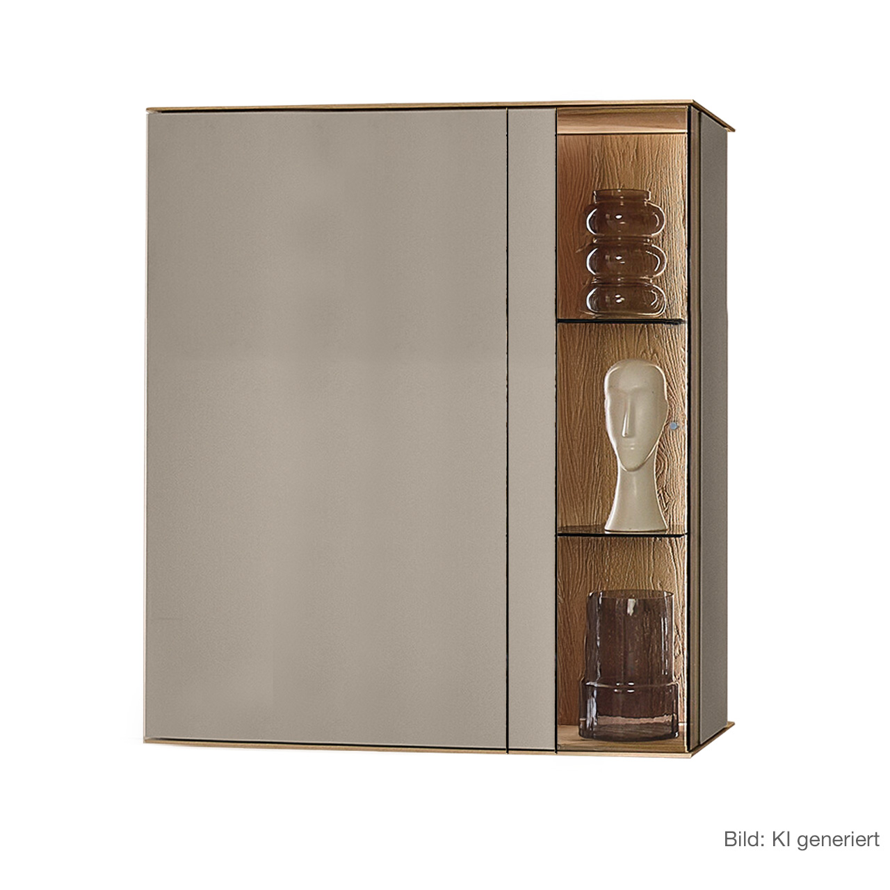 Moderne Vitrine aus massiver Kerneiche Natur mit Lackfronten in Sand. Mit einer Glas-Lacktür und beleuchteter Riffholzrückwand rechts und einer Lacktür links - asymmetrisches Design, von rechts nach links zulaufend schmaler werdend.