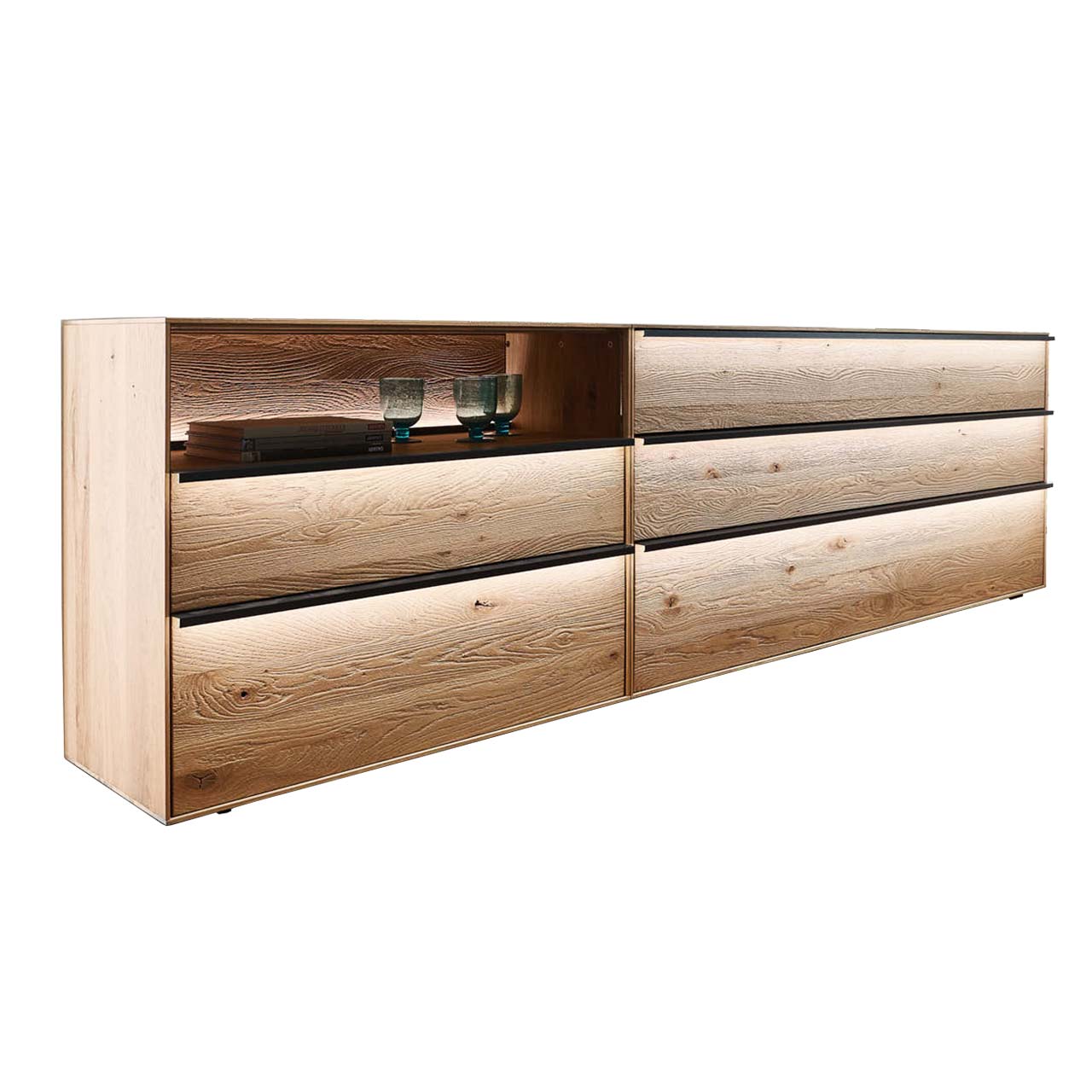 moderne Kommode aus massiver Kerneiche mit 4 Schubkästen & Glasfront