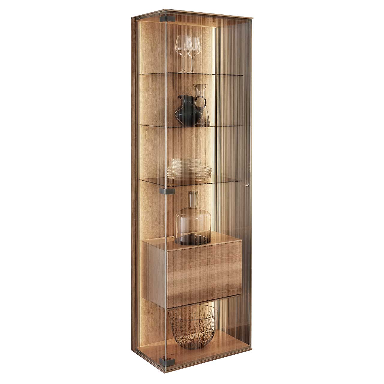 Moderne Standvitrine aus Kerneiche Natur mit dreiseitiger Glasfront aus satiniertem Glas und innenliegendem Holzkorpus mit Holzklappe.